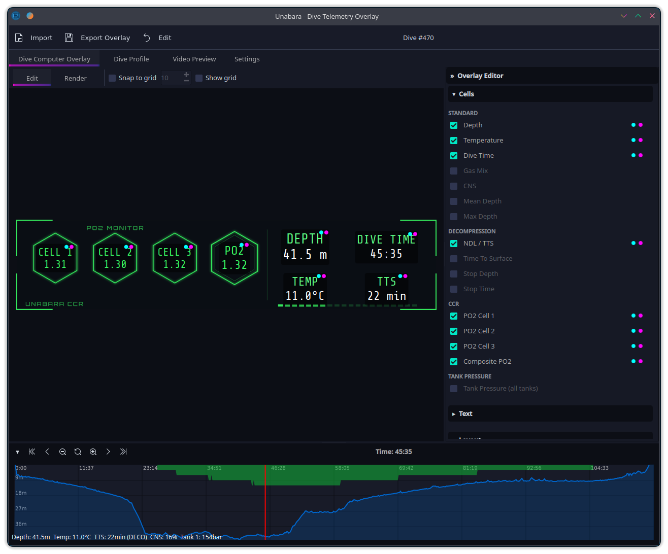 Unabara overlay editor — Render mode with a HUD template