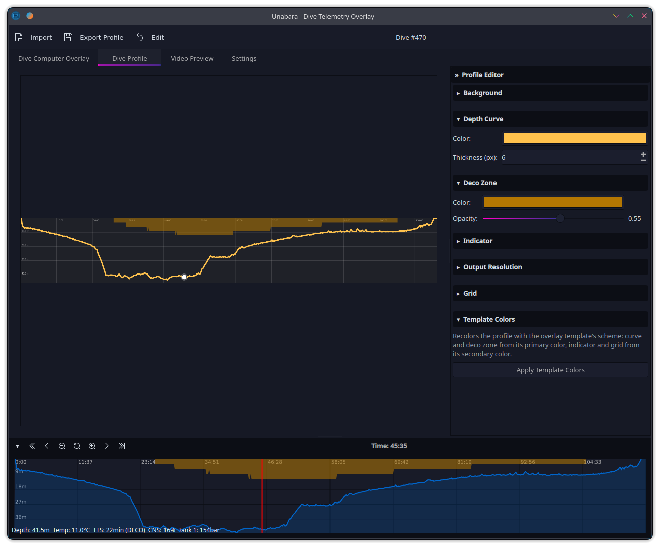 Unabara dive profile with template color scheme